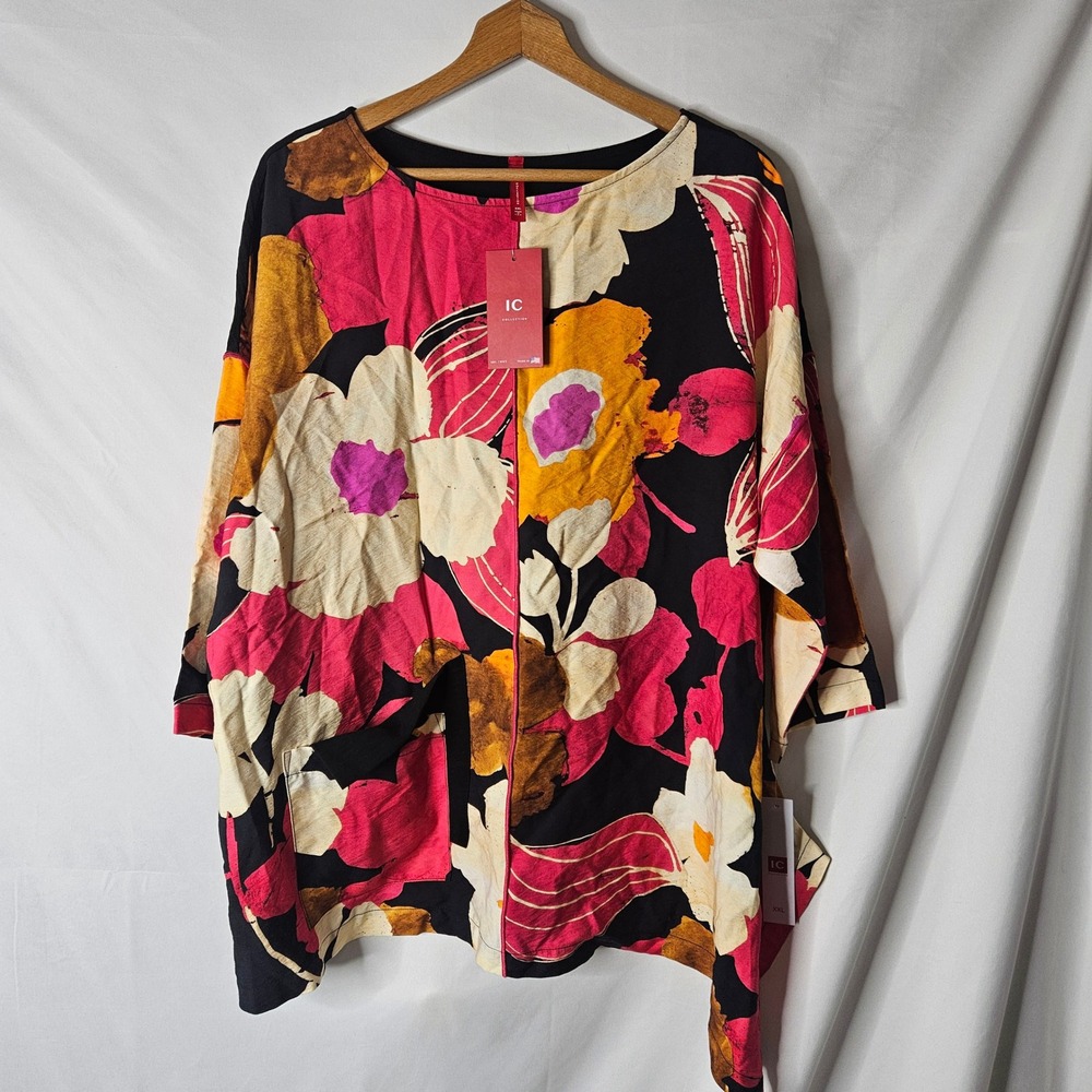 IC Collection Vibrant Floral 3/4 Sleeve Asymmetrical Top sz XXL NWT